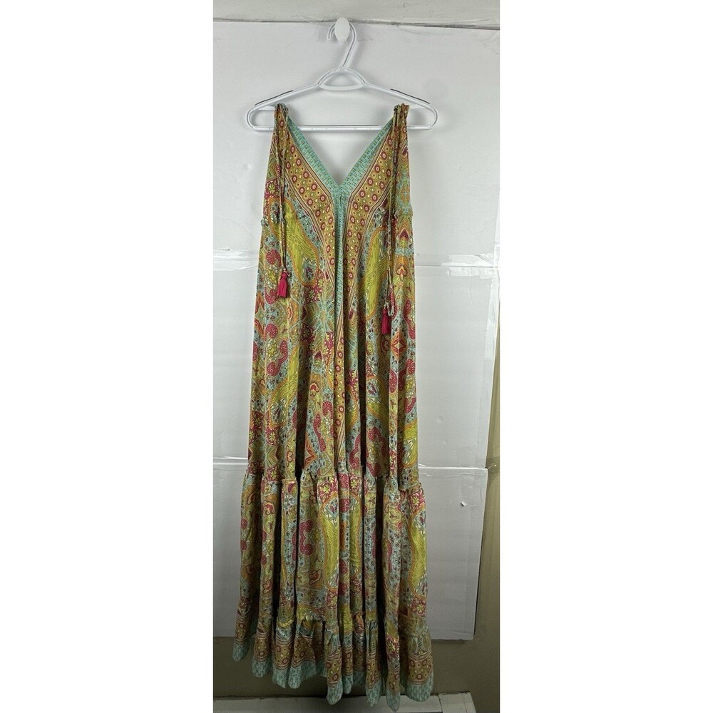 Boho Paisley Print Maxi Dress V-Neck Tassel Tie Strap Multicolor